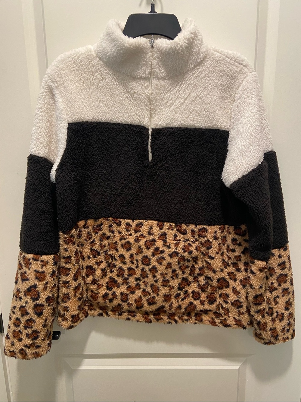 Cozy Colorblock Sherpa Pullover with Leopard Panel - White, Black & Brown
